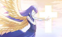 Rule 34 | 1girl, adapted costume, angel wings, bare shoulders, blue hair, blue shirt, blue skirt, closed eyes, cloud, cowboy shot, cross, david hrusa, feathered wings, floating hair, from side, glowing, gradient background, halo, long hair, long skirt, multiple wings, outstretched arm, pale skin, sariel (touhou), shirt, skirt, sleeveless, sleeveless shirt, smile, solo, tattoo, touhou, touhou (pc-98), very long hair, wings