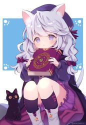 Rule 34 | 1girl, animal, animal ears, black cat, bloomers, book, boots, cape, cat, cat ears, cat tail, closed mouth, commission, full body, grimoire, hat, highres, holding, holding book, light purple hair, long hair, long sleeves, marekamico, original, purple eyes, sitting, skeb commission, tail, twitter username, underwear, wavy hair