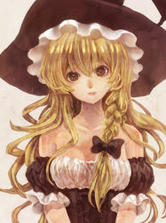 Rule 34 | 1girl, bare shoulders, blonde hair, bow, braid, breasts, brown eyes, female focus, hat, hat bow, highres, kanro (dear27), kirisame marisa, long hair, ribbon, single braid, solo, touhou, upper body, witch, witch hat