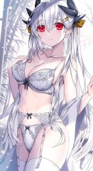 Rule 34 | 1girl, bamboo, bare shoulders, blush, bow, bow bra, bow panties, bra, breasts, cleavage, closed mouth, cowboy shot, crotch seam, dragon girl, dragon horns, fate/grand order, fate (series), hair ornament, highres, horns, kiyohime (fate), kiyohime (third ascension) (fate), large breasts, long hair, looking at viewer, morizono shiki, navel, off shoulder, panties, red eyes, smile, solo, thighhighs, underwear, white bra, white hair, white panties, white thighhighs