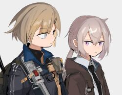 Rule 34 | 2girls, ahoge, black eyes, black necktie, blonde hair, chesed (uporyz), collared shirt, commentary, creator connection, expressionless, girls&#039; frontline, grey background, grey eyes, grey hair, hair between eyes, hair ornament, hairclip, heterochromia, highres, jacket, long hair, looking at another, m200 (girls&#039; frontline), mg338 (girls&#039; frontline), multiple girls, necktie, ponytail, purple eyes, shirt, short hair, upper body, white shirt