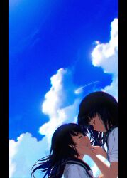 Rule 34 | 2girls, absurdres, black hair, black sailor collar, blue sky, chromatic aberration, closed eyes, cloud, cloudy sky, comforting, commentary, crying, english commentary, from side, gerar dc, halo, hand on another&#039;s cheek, hand on another&#039;s face, highres, long hair, multiple girls, original, outdoors, revision, sailor collar, school uniform, serafuku, sky, summer, tears, teeth, upper body