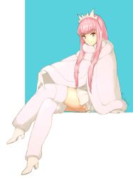 1girl cloak commentary_request crossed_legs fate/grand_order fate_(series) full_body fur_cloak fur_thighhighs long_hair medb_(fate) medb_(first_ascension)_(fate) miniskirt pink_eyes pink_hair pleated_skirt shiromako sidelocks signature skirt solo thighhighs tiara white_cloak white_thighhighs