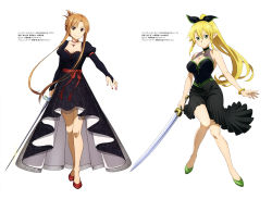 Rule 34 | 2girls, absurdres, asuna (sao), black bow, black choker, black dress, black skirt, blonde hair, bow, bracelet, breasts, bridal gauntlets, brown eyes, brown hair, choker, cleavage, closed mouth, collarbone, dress, female focus, floating hair, full body, green eyes, green footwear, hair bow, high ponytail, highres, holding, holding sword, holding weapon, jewelry, katana, large breasts, leafa, long hair, looking at viewer, medium breasts, miniskirt, multiple girls, nail polish, pendant, pink choker, pleated skirt, pointy ears, red nails, see-through, sidelocks, simple background, skirt, smile, standing, sword, sword art online, very long hair, weapon, white background