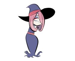 Rule 34 | 1girl, belt, dress, full body, hair over one eye, half-closed eyes, hat, herny, little witch academia, looking up, pink hair, purple dress, purple hat, red eyes, shirt, simple background, smile, solo, standing, sucy manbavaran, teeth, white background, white shirt, witch hat