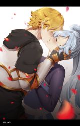 Rule 34 | 1boy, 1girl, armor, blonde hair, blush, dress, closed eyes, hair over eyes, hand on another&#039;s face, hand on another&#039;s neck, hood, hoodie, jaune arc, kiss, lulu-chan92, ponytail, rwby, sweat, weiss schnee, white hair