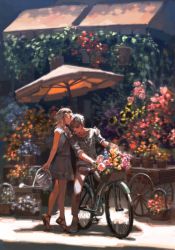 Rule 34 | 1boy, 1girl, absurdres, arm around shoulder, basket, bicycle, blonde hair, bouquet, brown pants, cart, chenalii, collarbone, couple, dress, flower, grey dress, grey shirt, hetero, highres, kiss, kissing forehead, medium hair, pants, parasol, scenery, shirt, short hair, striped clothes, striped shirt, sunflower, sunglasses, tiptoes, umbrella, watering can