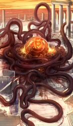 ambiguous_red_liquid architecture cloud commentary fate/grand_order fate_(series) horizon horror_(theme) lasengle monster monster_focus no_humans ocean official_art orange_sky orange_theme outdoors sky tentacles third-party_source