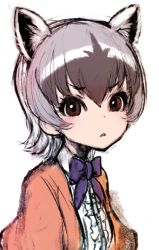 Rule 34 | 1girl, animal costume, animal ear fluff, animal ears, blue bow, blue bowtie, bow, bowtie, brown eyes, closed mouth, crab-eating raccoon (kemono friends), extra ears, grey hair, ise (0425), jacket, kemono friends, kemono friends 3, looking at viewer, orange jacket, shirt, short hair, simple background, solo, white background, white shirt
