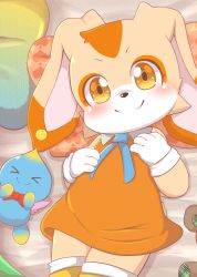 Rule 34 | &gt; &lt;, 1girl, artist request, brown eyes, cheese (sonic), cream the rabbit, dress, furry, gloves, pillow, rabbit girl, red dress, sega, smile, sonic (series), sonic (series)
