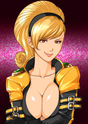 Rule 34 | 1girl, absurdres, blonde hair, breasts, cleavage, highres, large breasts, lien neville, looking at viewer, red eyes, smile, snk, the king of fighters