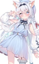 Rule 34 | 1girl, animal ear fluff, animal ears, belt, beret, black bow, blue belt, blue dress, blush, bow, braid, cat girl, closed mouth, clothing cutout, dress, eip (pepai), frilled thighhighs, frills, garter straps, grey eyes, hair bow, hair ornament, hair ribbon, hand up, hat, heterochromia, highres, indie virtual youtuber, long sleeves, looking at viewer, mini wings, piercing, red ribbon, ribbon, shoulder cutout, simple background, single thighhigh, solo, sorashi purumu, thighhighs, v, virtual youtuber, white background, wings, x hair ornament