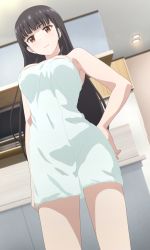 Rule 34 | 1girl, absurdres, black hair, breasts, brown eyes, cleavage, collarbone, hand on own hip, highres, irido yume, large breasts, long hair, looking at viewer, mamahaha no tsurego ga moto kano datta, naked towel, screencap, smile, stitched, thighs, third-party edit, towel