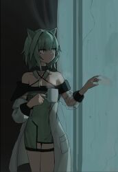 Rule 34 | 1girl, animal ears, arknights, asymmetrical sleeves, commentary, cup, dress, green dress, green eyes, green hair, hair intakes, holding, holding cup, jacket, jambujok, kal&#039;tsit (arknights), long sleeves, looking to the side, mismatched sleeves, mug, off-shoulder jacket, off shoulder, puffy long sleeves, puffy sleeves, rain, see-through, see-through sleeves, solo, water drop, white jacket, window