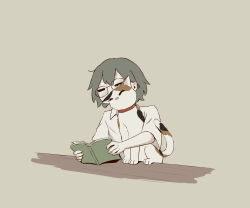 Rule 34 | 1boy, absurdres, avogado6, book, calico, cat, closed eyes, commentary request, glasses, grey hair, highres, holding, holding book, nuzzle, open book, original, reading, shirt, simple background, solo, white shirt, yellow background