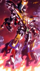 Rule 34 | arms at sides, artist name, babamba, clenched hands, commentary request, dated, embers, fire, from below, great might gaine perfect mode, highres, looking at viewer, mecha, no humans, robot, science fiction, shoulder cannon, smoke, solo, standing, v-fin, yellow eyes, yuusha series, yuusha tokkyuu might gaine