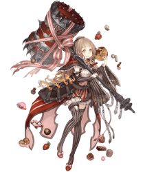 Rule 34 | 1girl, belt, blonde hair, bow, cake, candy, capelet, detached sleeves, eating, food, frills, full body, hammer, hood, hooded capelet, ji no, looking at viewer, mary janes, official art, orange eyes, over shoulder, pastry, red riding hood (sinoalice), ribbon, shoes, sinoalice, solo, striped clothes, striped thighhighs, thigh strap, thighhighs, transparent background, weapon, weapon over shoulder