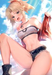 Rule 34 | 1girl, absurdres, blonde hair, blue sky, braid, breasts, cloud, cloudy sky, day, fate/apocrypha, fate/grand order, fate (series), french braid, green eyes, half updo, highres, midriff, mordred (fate), mordred (fate/apocrypha), navel, outdoors, scan, short shorts, shorts, simple background, sky, small breasts, solo, stomach, strapless, suzuho hotaru, sweat, sweatdrop, thighs, tube top