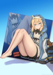 Rule 34 | 1boy, absurdres, bare legs, barefoot, black shorts, blonde hair, blue background, blue eyes, blue jacket, bridget (guilty gear), commentary request, drawstring, feet, grey shirt, guilty gear, guilty gear strive, highres, hood, hooded jacket, jacket, knees up, long sleeves, looking at viewer, male focus, medium hair, setsuna (setsuna azastar), shirt, short shorts, shorts, sitting, thighs, trap, zoom layer