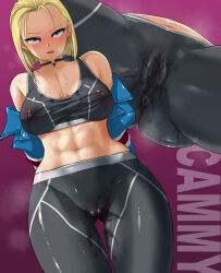 Rule 34 | 1girl, abs, alternate costume, anus, anus visible through clothes, ass, black pants, black sports bra, blonde hair, blush, breasts, cameltoe, cammy white, capcom, cleavage, gluteal fold, green eyes, highres, huge breasts, lips, muscular, muscular female, nipples, pants, pussy, pussy juice, pussy juice on clothes, pussy juice stain, solo, sports bra, sportswear, street fighter, studiotagata, sweat, sweatdrop, thick thighs, thighs, wet