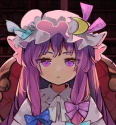 Rule 34 | 2girls, :&lt;, chair, closed mouth, commentary request, crescent, crescent hat ornament, expressionless, eyes visible through hair, hat, hat ornament, indoors, jitome, koakuma, light blush, long hair, looking at viewer, mob cap, multiple girls, patchouli knowledge, purple eyes, purple hair, solo focus, straight-on, syuri22, touhou