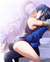 Rule 34 | 1boy, 1girl, arms around neck, ass, bare shoulders, blue hair, breasts, closed eyes, couple, elbow gloves, fire emblem, fire emblem: genealogy of the holy war, gloves, headband, highres, hug, imminent kiss, ishtar (fire emblem), large breasts, long hair, nintendo, ponytail, purple hair, seliph (fire emblem), sideboob, thighs, tomorrowsjoker, very long hair