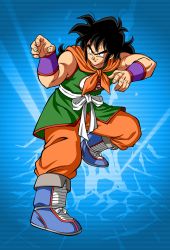 Rule 34 | 1boy, 80s, black hair, blue background, boots, dragon ball, fighting stance, happy, japanese clothes, japanese text, long hair, martial arts, muscular, muscular male, official art, oldschool, retro artstyle, smile, solo, wristband, yamcha