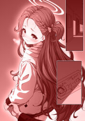 Rule 34 | 1girl, 1other, blue archive, blush, bow, closed mouth, commentary request, cowboy shot, hair bow, halo, highres, hood, hooded jacket, jacket, kouji (campus life), long hair, monochrome, partial commentary, revision, smile, solo focus, translation request, two-sided fabric, two-sided jacket, yuzu (blue archive)
