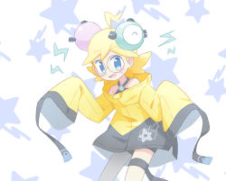 Rule 34 | 1boy, akasaka (qv92612), blonde hair, blue eyes, blush, character hair ornament, clemont (pokemon), cosplay, creatures (company), game freak, glasses, hair ornament, highres, iono (pokemon), iono (pokemon) (cosplay), jacket, lightning bolt symbol, looking at viewer, male focus, nintendo, open mouth, oversized clothes, pokemon, pokemon sv, pokemon xy, solo, star (symbol), sweat, thigh strap, yellow jacket