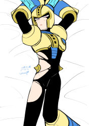 Rule 34 | 1boy, absurdres, android, armor, arms up, bed, bed sheet, black bodysuit, bodysuit, breastplate, commentary request, feet out of frame, fuse, fuse man, gloves, hands out of frame, helmet, highres, joints, looking at viewer, lying, male focus, mega man (classic), mega man (series), mega man 11, on back, on bed, parted lips, purple eyes, robot, robot joints, shoulder armor, simple background, solo, solo focus, torn bodysuit, torn clothes, vambraces, wenyu, white background, white gloves, yellow armor, yellow headwear