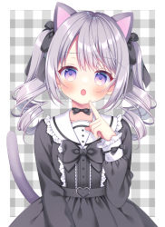Rule 34 | 1girl, :o, animal ears, black bow, black dress, blush, bow, cat ears, cat girl, cat tail, collarbone, dress, drill hair, fang, frilled sailor collar, frills, grey hair, hair bow, hand up, highres, long hair, long sleeves, looking at viewer, open mouth, original, plaid, plaid background, purple eyes, puu (kari---ume), sailor collar, sailor dress, sleeves past wrists, solo, tail, tail raised, twin drills, twintails, watermark, white sailor collar