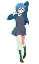 Rule 34 | 1girl, ankle socks, arm behind head, black socks, blazer, blue hair, blue jacket, brown footwear, collared shirt, crossed bangs, dress, drop shadow, earrings, fanged bangs, full body, grey dress, hair between eyes, jacket, jewelry, lips, loafers, long sleeves, looking at viewer, love live!, love live! superstar!!, neck ribbon, official art, open clothes, open jacket, parted lips, pinafore dress, red ribbon, ribbon, school uniform, shirt, shoes, short dress, short hair, sleeveless, sleeveless dress, socks, solo, standing, transparent background, wakana shiki, white shirt, winter uniform, yuigaoka school uniform