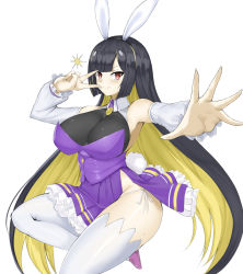 Rule 34 | 1girl, animal ears, baekto (last origin), black hair, breasts, cleavage, goma., highres, large breasts, last origin, magical baekto, mole, mole on thigh, rabbit ears, rabbit tail, red eyes, skirt, smile, solo, tail, thighhighs, v
