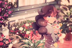 Rule 34 | 1girl, black hair, bouquet, creatures (company), emma (pokemon), flower, game freak, holding, holding bouquet, looking at viewer, looking back, mofge, nintendo, petals, plant, pokemon, pokemon xy, potted plant, solo, window