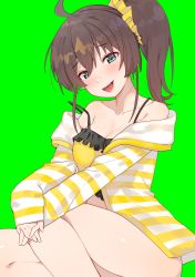 Rule 34 | 1girl, absurdres, ahoge, alternate breast size, bare shoulders, blush, breasts, brown hair, cleavage, collarbone, green background, green eyes, hair between eyes, hair ornament, hair scrunchie, heart, highres, hololive, jacket, legs, lingerie, long hair, long sleeves, looking at viewer, medium breasts, natsuiro matsuri, natsuiro matsuri (matsuri&#039;s day off), off shoulder, open mouth, scrunchie, side ponytail, simple background, sitting, smile, solo, striped clothes, striped jacket, thighs, tonarikeru, underwear, virtual youtuber