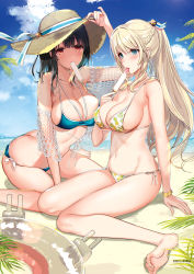 Rule 34 | 2girls, adjusting clothes, adjusting headwear, alternate hairstyle, arm support, ass, atago (kancolle), bare shoulders, barefoot, beach, bikini, black hair, blonde hair, blush, bracelet, braid, breasts, butt crack, cloud, collarbone, day, eating, fern, fingernails, food, french braid, hair ornament, hair ribbon, hat, hayakawa akari, highres, holding, holding food, innertube, jewelry, kantai collection, large breasts, licking, long hair, looking at viewer, medium hair, mouth hold, multiple girls, navel, outdoors, palm tree, ponytail, popsicle, ribbon, side-tie bikini bottom, sidelocks, sitting, skindentation, sky, stomach, sun hat, sweat, swim ring, swimsuit, takao (kancolle), thighs, tongue, tongue out, tree, wariza, water