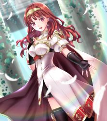 1girl, :d, armor, black gloves, black legwear, blurry, breastplate, cape, celica (fire emblem), depth of field, earrings, feathers, fingerless gloves, fire emblem, fire emblem echoes: shadows of valentia, gloves, jewelry, kakiko210, long hair, nintendo, open mouth, outstretched arm, red eyes, red hair, short sleeves, smile, solo, tiara, white feathers