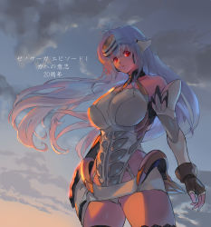 Rule 34 | 1girl, absurdres, ahoge, android, bare shoulders, blue hair, breasts, closed mouth, cloud, cloudy sky, commentary request, cyborg, fingerless gloves, gloves, gradient hair, gradient sky, halterneck, headgear, highres, kos-mos, large breasts, leotard, long hair, looking at viewer, microskirt, multicolored hair, negresco, outdoors, red eyes, shiny skin, simple background, skirt, sky, solo, sunset, thighs, xenosaga