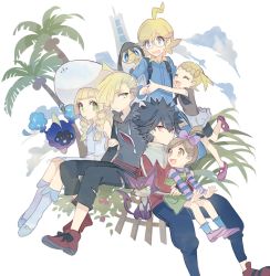 Rule 34 | 3boys, 3girls, ahoge, arm grab, bike shorts, black hair, blonde hair, blue eyes, blue jumpsuit, blue legwear, blunt bangs, bonnie (pokemon), bow, braid, brother and sister, brown hair, child, clemont (pokemon), closed mouth, collared dress, commentary request, cosmog, creatures (company), dress, fence, game freak, gen 5 pokemon, gen 6 pokemon, gen 7 pokemon, gladion (pokemon), glasses, green dress, green eyes, hair bow, hair over one eye, hat, helioptile, hood, hoodie, huan li, hugh&#039;s sister (pokemon), hugh (pokemon), jacket, jumpsuit, legendary pokemon, lillie (pokemon), long hair, multiple boys, multiple girls, nintendo, palm tree, pants, pokemon, pokemon (creature), pokemon bw2, pokemon sm, pokemon xy, purple footwear, purrloin, red footwear, red jacket, see-through, shirt, shoes, short hair, siblings, sitting, sleeveless, sleeveless dress, socks, spiked hair, striped clothes, striped shirt, sun hat, sundress, torn clothes, torn pants, tree, twin braids, white dress, white headwear