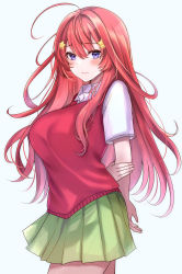 Rule 34 | 1girl, ahoge, arms behind back, blue eyes, blush, breasts, closed mouth, cowboy shot, go-toubun no hanayome, grabbing own arm, green skirt, hair between eyes, hair ornament, highres, large breasts, long hair, looking at viewer, nakano itsuki, pleated skirt, red hair, shirt, simple background, skirt, solo, star (symbol), star hair ornament, sweater vest, white background, white shirt, yu lei