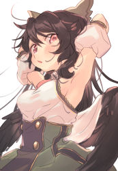 Rule 34 | 1girl, absurdres, adapted costume, armpits, arms up, bare shoulders, black hair, black wings, blush, bow, breasts, commentary request, detached sleeves, feathered wings, green skirt, grey bow, hair between eyes, hair bow, high-waist skirt, highres, long hair, looking at viewer, masanaga (tsukasa), medium breasts, open mouth, pink eyes, puffy short sleeves, puffy sleeves, reiuji utsuho, shirt, short sleeves, simple background, skirt, sleeveless, sleeveless shirt, solo, touhou, upper body, white background, white shirt, wings