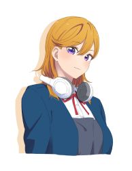 Rule 34 | 1girl, blonde hair, blue jacket, closed mouth, cropped torso, dress shirt, hair between eyes, headphones, headphones around neck, highres, jacket, long hair, looking at viewer, love live!, love live! superstar!!, neck ribbon, open clothes, open jacket, purple eyes, red ribbon, ribbon, s sho mkrn, school uniform, shibuya kanon, shirt, simple background, smile, solo, straight hair, upper body, white background, white shirt, yuigaoka school uniform