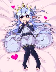 Rule 34 | 10s, 1girl, bare shoulders, bed sheet, black thighhighs, blue flower, blue rose, blush, dress, flower, granblue fantasy, hair flower, hair ornament, heart, heart-shaped pupils, kouno miki, lavender dress, light purple hair, lily (granblue fantasy), long hair, looking at viewer, lying, on back, pointy ears, purple eyes, rose, solo, sweat, symbol-shaped pupils, thighhighs, tiara, toeless legwear, toes, zettai ryouiki