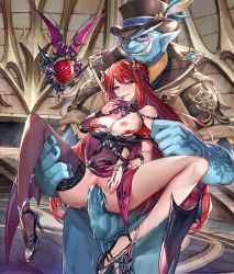 Rule 34 | 1girl, blush, breasts, erze (king&#039;s raid), king&#039;s raid, large breasts, long hair, lying, nail polish, nipples, open mouth, penis, pink eyes, red hair, sex, shiny skin, shokut-zz, spread legs, tongue, uncensored