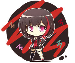 Rule 34 | 1girl, asymmetrical legwear, bang dream!, black background, black choker, black footwear, black hair, black jacket, black shorts, blush stickers, bob cut, boots, chain, chain necklace, chibi, choker, collarbone, commentary request, drawstring, full body, hand on own hip, hand up, highres, hood, hood down, hooded jacket, jacket, jewelry, long sleeves, looking at viewer, mismatched legwear, mitake ran, multicolored hair, necklace, off-shoulder shirt, off shoulder, open clothes, open jacket, purple eyes, red background, red hair, red shirt, red thighhighs, shirt, short hair, short shorts, shorts, sidelocks, simple background, single strap, single thighhigh, smile, solo, standing, streaked hair, teen (teen629), thigh strap, thighhighs, white background