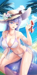 Rule 34 | 1girl, azur lane, ball, beachball, bikini, bow, bow bikini, breasts, dutch angle, e^(in)+1=0, feet out of frame, flower, hat, hat flower, highres, holding, holding clothes, holding footwear, holding shoes, large breasts, long hair, looking at viewer, multiple straps, official alternate costume, palm leaf, panties, purple eyes, purple hair, rodney (azur lane), rodney (future seaside admiral) (azur lane), see-through, see-through sleeves, shoes, unworn shoes, sitting, solo, straw hat, sun hat, swimsuit, underwear, water, wet, white bikini