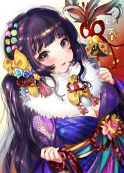 Rule 34 | 1girl, arrow (projectile), bell, blue flower, blue rose, blunt bangs, blush, bow, braid, breasts, cleavage, dutch angle, earrings, ema, feathers, floral print, flower, fur collar, gradient background, hair bow, hamaya, holding, japanese clothes, jewelry, jingle bell, kimono, light particles, lips, long hair, long sleeves, looking at viewer, low twintails, makeup, medium breasts, new year, obi, original, parted lips, purple kimono, raised eyebrows, red ribbon, ribbon, rose, sash, side braid, sidelocks, solo, star (symbol), star earrings, tareme, tassel, twintails, underbust, upper body, yanyo (ogino atsuki), yellow bow, yukata