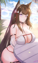 Rule 34 | 1girl, amagi (azur lane), amagi (wending waters serene lotus) (azur lane), animal ear fluff, animal ears, artist name, ass, azur lane, beach, bikini, black choker, breast rest, breasts, breasts on table, brown hair, choker, cleavage, detached sleeves, female focus, fox ears, fox girl, highres, kitsune, large breasts, long hair, looking at viewer, official alternate costume, open bikini, open clothes, palm tree, round table, see-through, solo, swimsuit, table, thigh strap, thighs, tree, very long hair, water, white bikini, zynxy