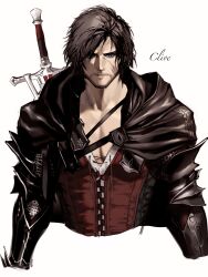 Rule 34 | 1boy, absurdres, black cape, black hair, cape, chinstrap beard, clive rosfield, emo37337640, english text, facial hair, final fantasy, final fantasy xvi, highres, male focus, mustache stubble, scar, scar on face, short hair, simple background, stubble, sword, weapon, white background