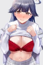 Rule 34 | 1girl, ahoge, black hair, bra, breasts, brown eyes, cleavage, clothes lift, highres, kantai collection, large breasts, looking at viewer, miyako (rgrayt), navel, official alternate costume, plaid, plaid skirt, red bra, skirt, solo, sweater, sweater lift, underwear, upper body, ushio (kancolle)